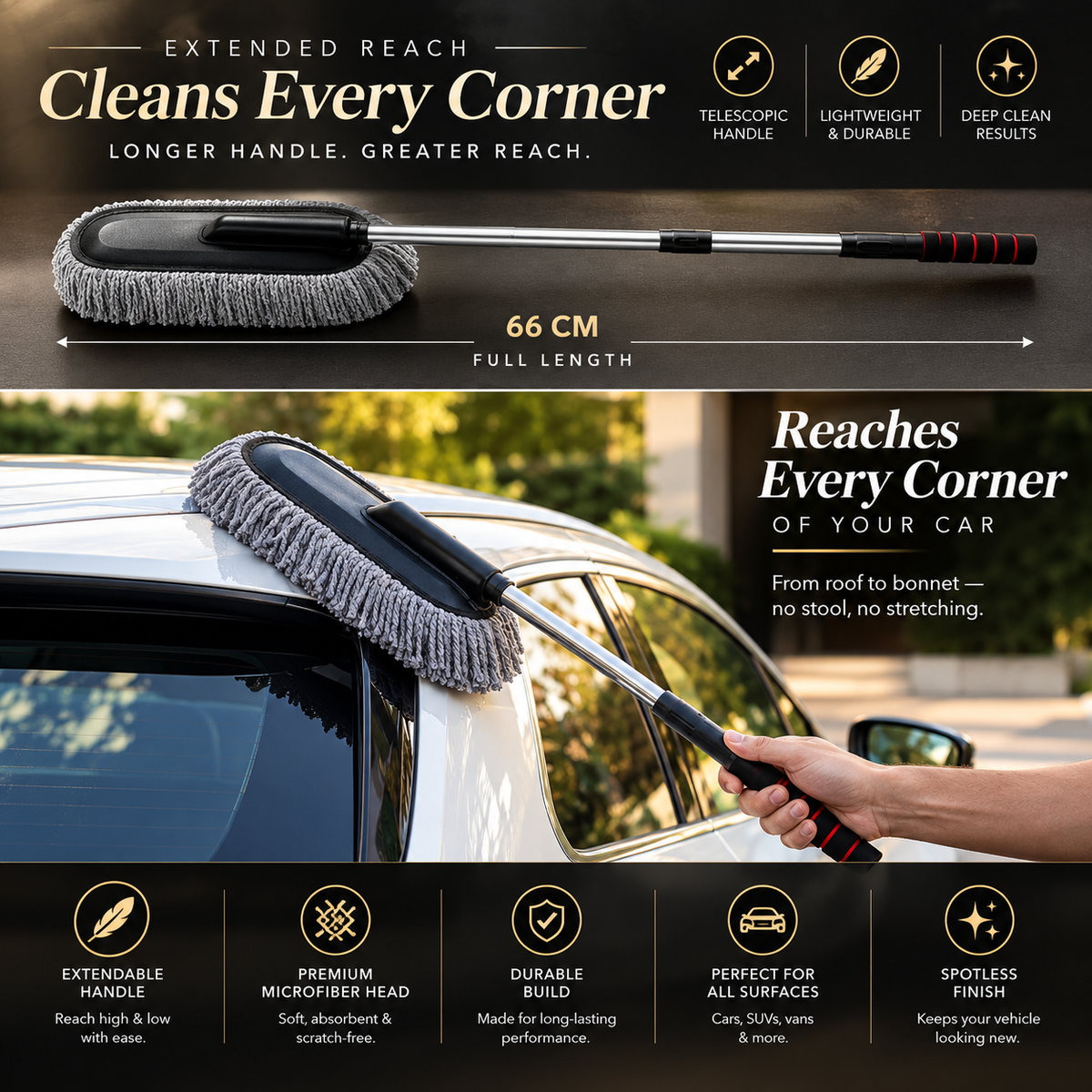 GAVRO Microfiber Car Duster with Extendable Steel Handle - Ultra Soft Dusting Brush, Long Reach, Scratch-Free Cleaning (Pack of 1)