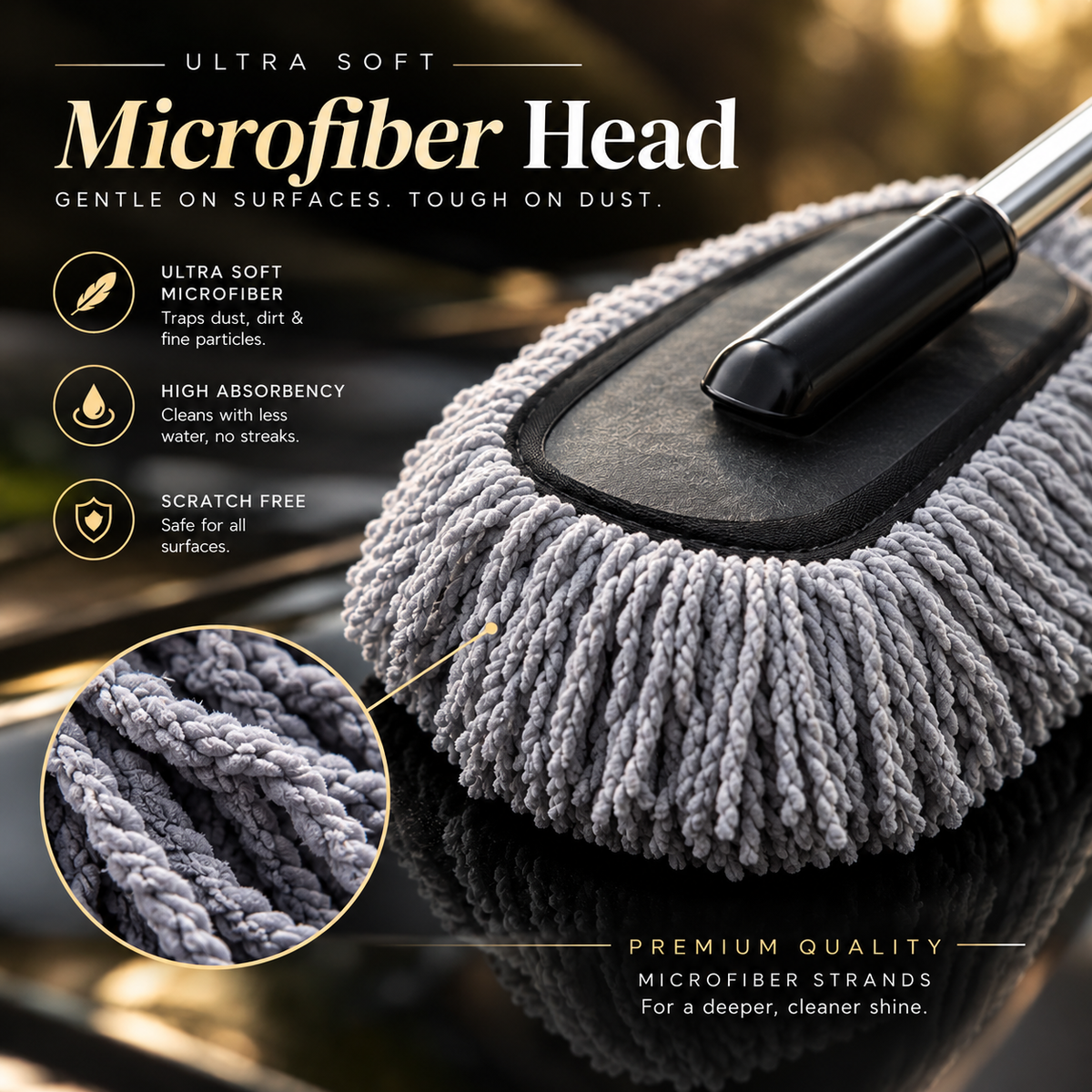 GAVRO Microfiber Car Duster with Extendable Steel Handle - Ultra Soft Dusting Brush, Long Reach, Scratch-Free Cleaning (Pack of 1)
