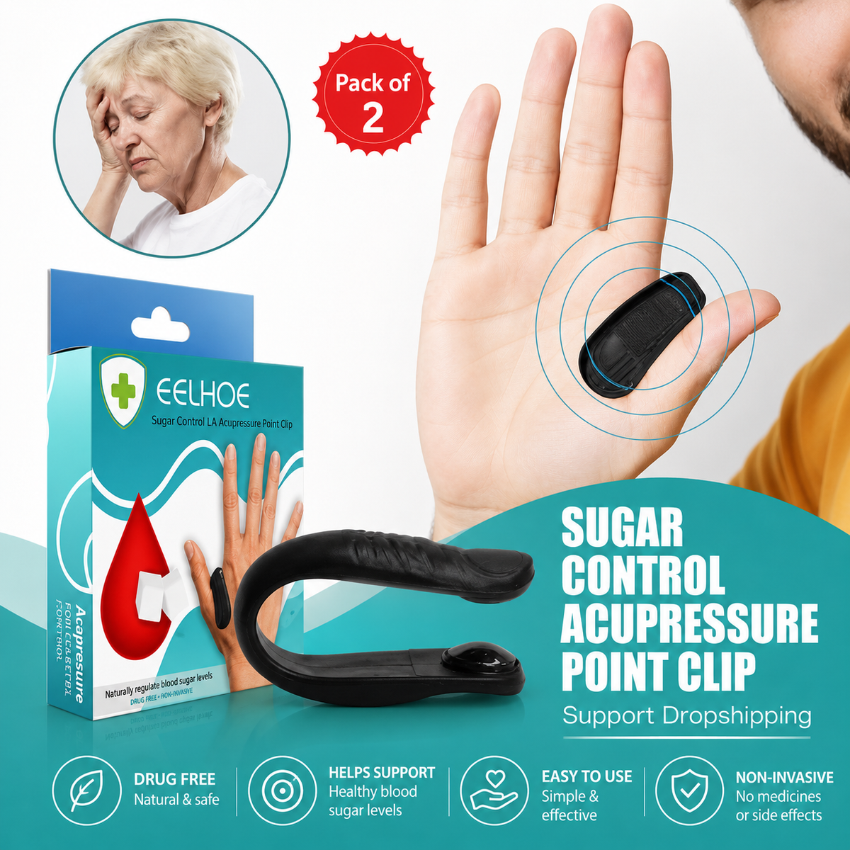 Sugar Control LI4 Acupressure Point Clip - Wearable Hand Massager-(Pack of 2)